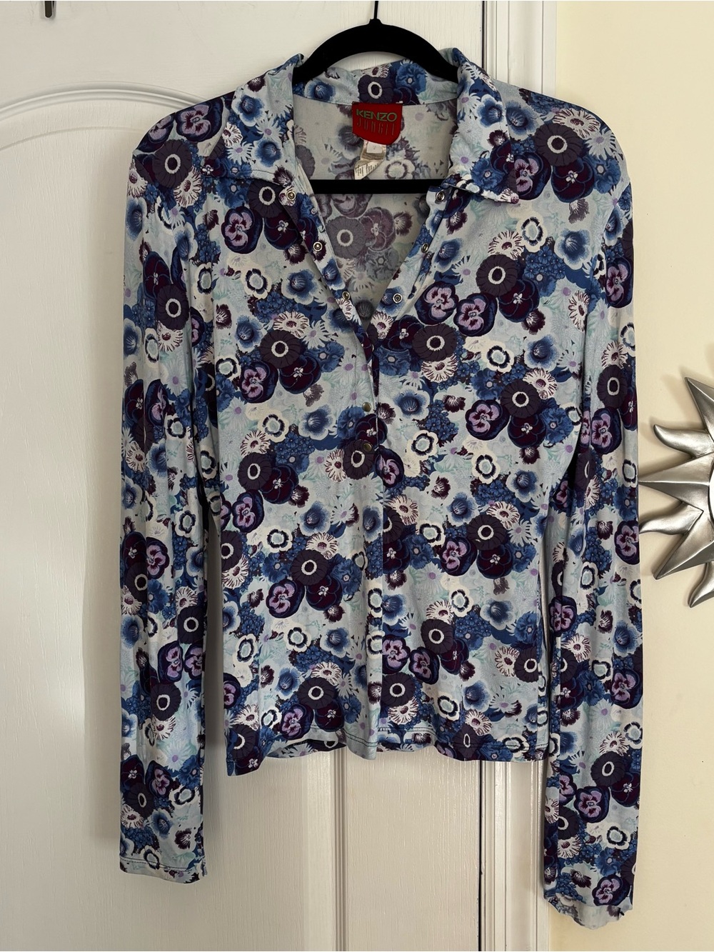 Kenzo Jungle Ladies Purple Blue Floral Half Button-Front Purple Vintage Top-M